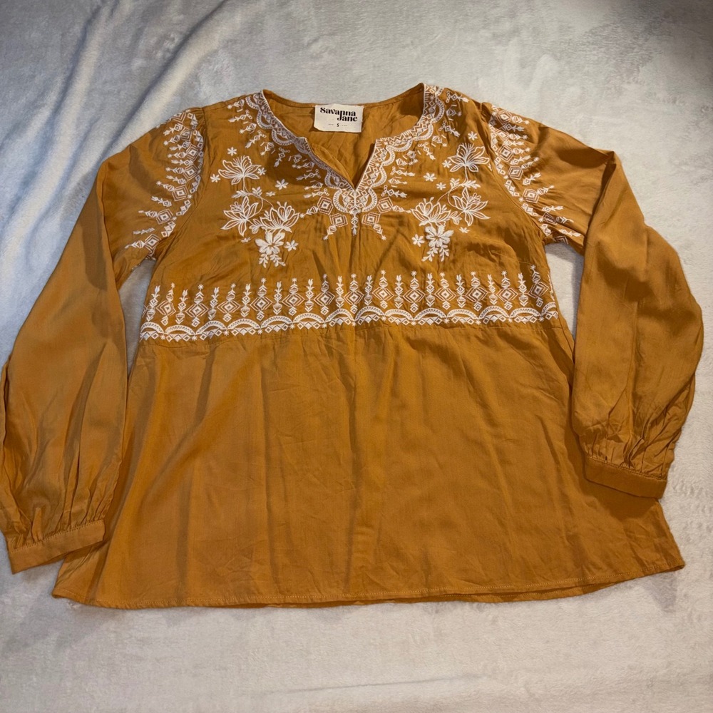 Savanna Jane Mustard Yellow Embroidered Boho Babydoll Blouse Small‎ Long Sleeve